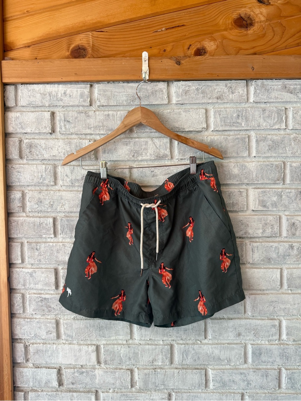OAS Olive Swim Trunks with Coral Hula Girl Print